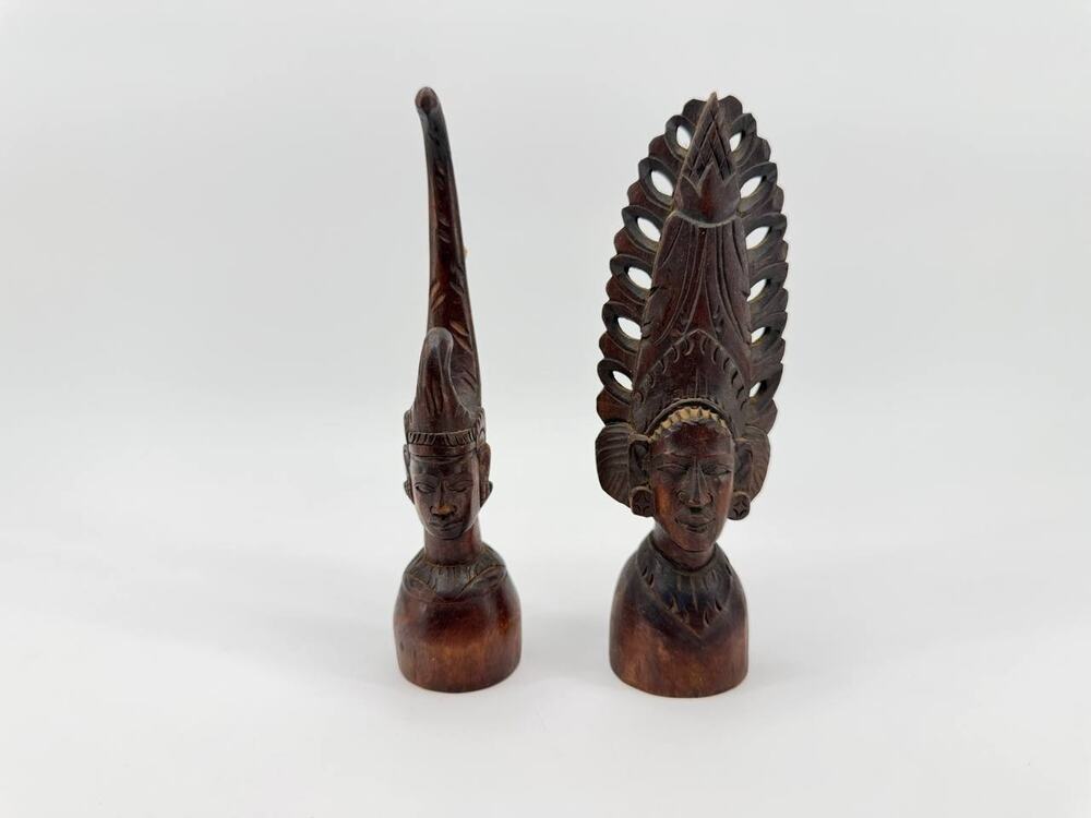 Vintage Hand Carved Wood Bust Figurines Set 2 Tribal Head Sculpture Decor